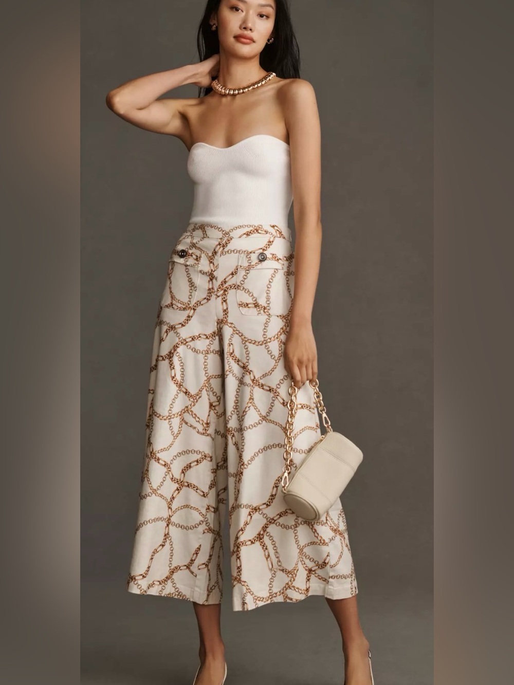 Anthropologie maeve wide leg printed palazzo pants white chain size 8